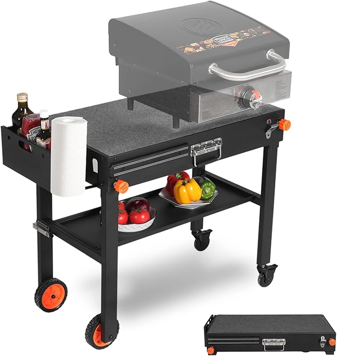 Portable Outdoor Grill Table, Folding Grill Cart Solid and Sturdy, Blackstone Griddle Stand Large Space, Blackstone Table with Paper Towel Holder, Grill Stand for Blackstones Griddle Ninja/Weber Grill