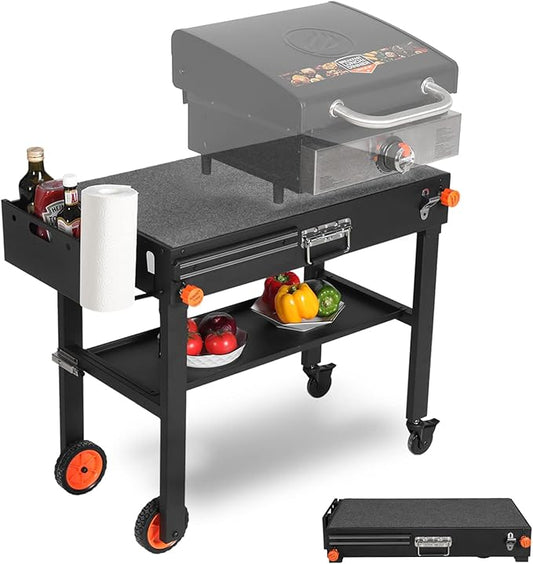 Portable Outdoor Grill Table, Folding Grill Cart Solid and Sturdy, Blackstone Griddle Stand Large Space, Blackstone Table with Paper Towel Holder, Grill Stand for Blackstones Griddle Ninja/Weber Grill