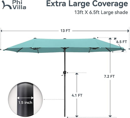 PHI VILLA 13ft Large Patio Umbrellas, Double-Sided Outdoor Market Rectangle Umbrella for Outside, Turquois