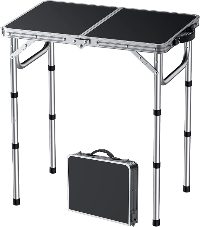 FUNYKICH 2ft Folding Camping Table 22.8''x15.7''x26.4'',3 Height Adjustable | Lightweight & Portable, Aluminum Small Outdoor Table with Carry Handle for Camping, Beach, Picnic, Silver