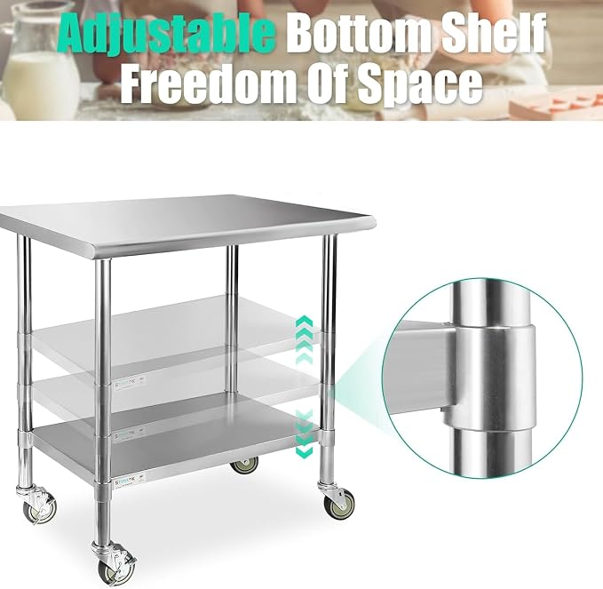 STABLEINK Stainless Steel Table with Wheels 36x30 Inches 3ft for Prep | NSF Certified Metal Work Table Workbench with Casters for Commercial Kitchen Restaurant Hotel Laundry Garage Chef Homemaker