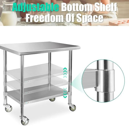 STABLEINK Stainless Steel Table with Wheels 36x30 Inches 3ft for Prep | NSF Certified Metal Work Table Workbench with Casters for Commercial Kitchen Restaurant Hotel Laundry Garage Chef Homemaker