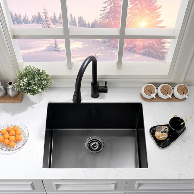 Black Stainless Steel Undermount Laundry Sink-Hovheir 24x19x12 Deep Undermount Stainless Steel Utility Sink Matte Black 16 Gauge Single Bowl Laundry Room Sinks Outdoor