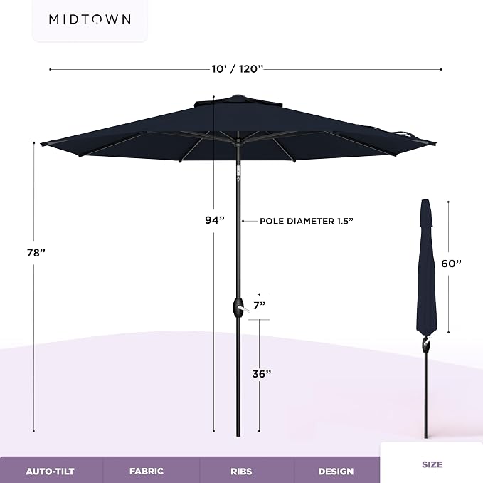 Midtown Umbrellas – The Lean 10 Ft Patio Umbrella with 10-Year-No-Fade Acrylast Acrylic Fabric, Auto-Tilt and 8 Reinforced Ribs for Deck, Pool, Garden, Hotel & Cafes – Harbor Navy Canopy, Black Pole