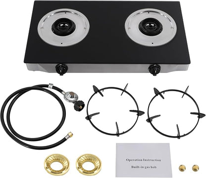 Gas Stove with 2 Burners, Portable Gas Stove with Independent Control, 2 Burners Gas Stove, Portable Tempered Glass Camping Burner, Countertop Gas Stove for Kitchen, Home and Commercial Use