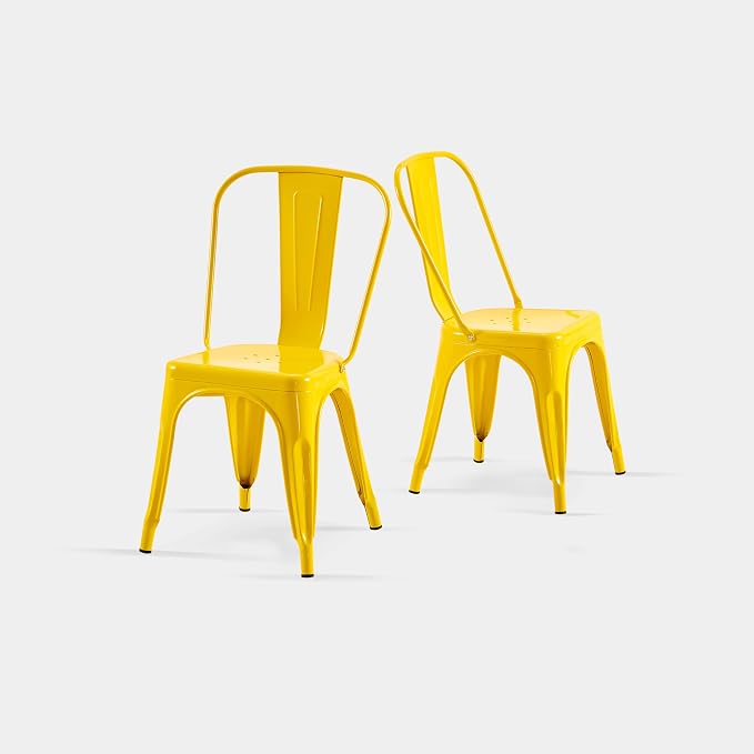 AC Pacific 18 Inch Seat Height Industrial Metal Dining Chairs, Stackable Kitchen or Bar Seat, Durable Modern Design, Versatile Accent Furniture, Set of 4, Yellow