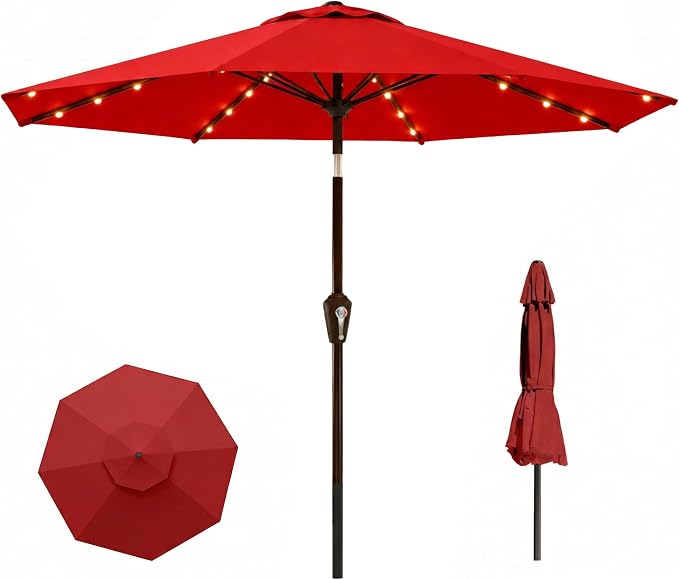 11FT Solar Lighted Patio Umbrella, Outdoor Table Market Umbrellas with Crank Lift, 32 LED Lights, 8 Sturdy Ribs, UV-Resistant for Deck, Garden, Pool