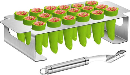 PUXING Jalapeno Grill Rack with Corer Tool Jalapeno Popper Holder 18 Holes Stainless Steel Drumstick Chicken Wings Roaster Popper Griller& Cooker for BBQ Smoker and Oven (Color:Silver)