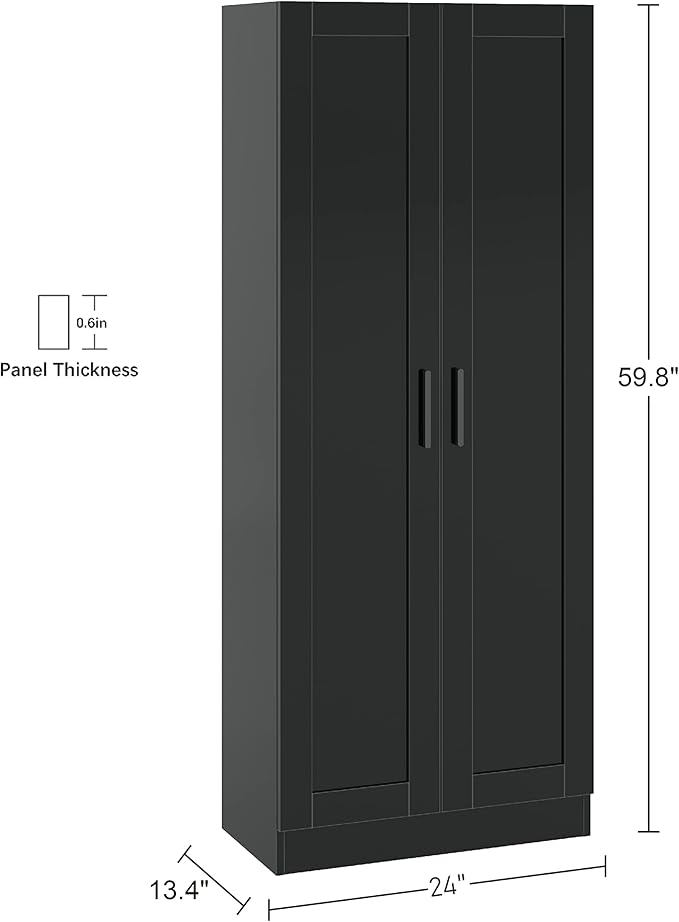 Panana Wooden Storage Cabinet, Narrow Pantry Cabinets Free Standing Tall Storage Cabinet with 2 Doors and Shelves (Black)