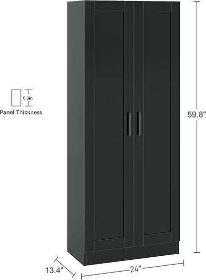 Panana Wooden Storage Cabinet, Narrow Pantry Cabinets Free Standing Tall Storage Cabinet with 2 Doors and Shelves (Black)