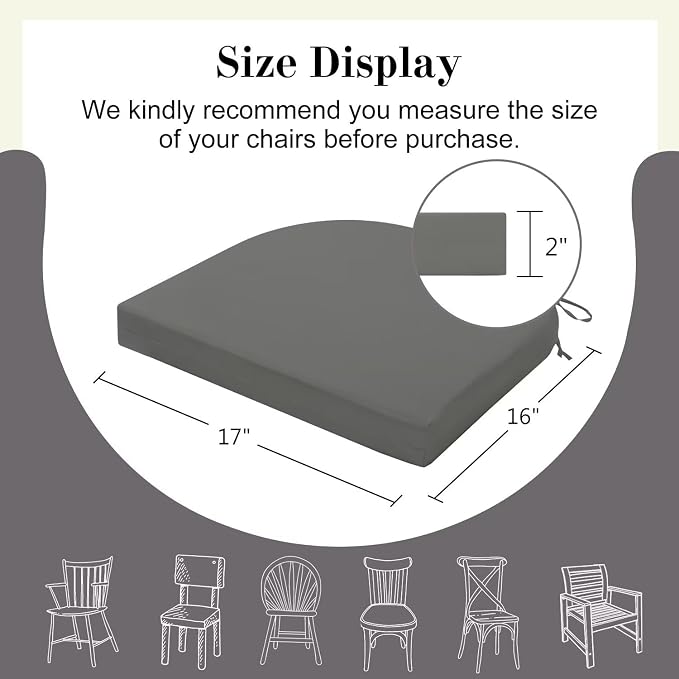 Cozyide Outdoor Chair Cushions, Waterproof Patio Seat Cushions with Adjustable Straps, Round Corner Patio Chair Cushions for Garden, Dark Grey, 17x16x2 Inch (Pack of 2)