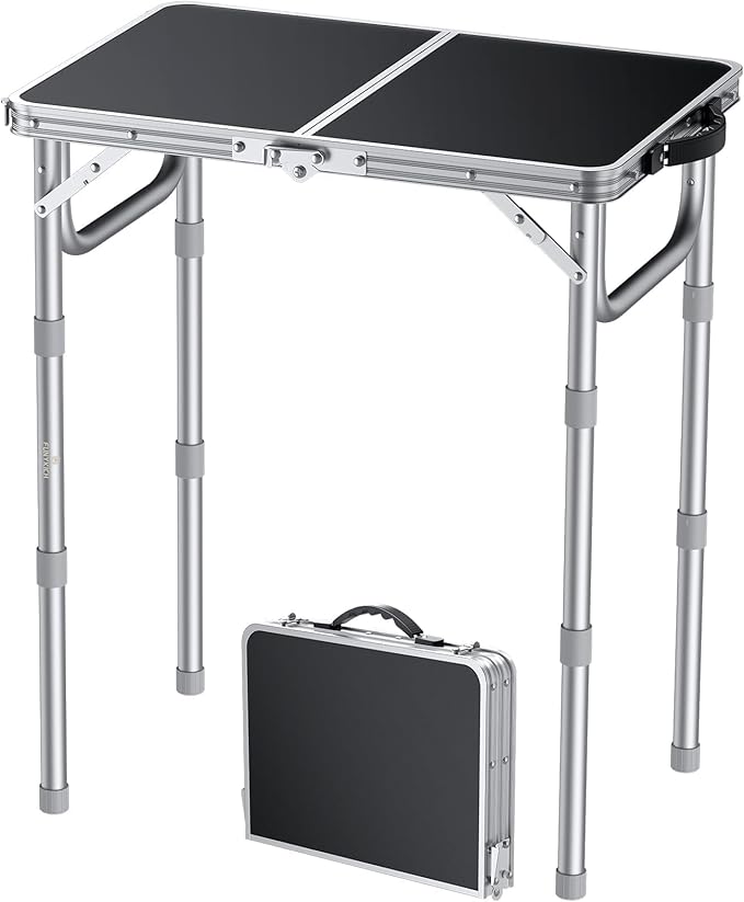 FUNYKICH 2ft Folding Camping Table 22.8''x15.7''x27.5'',3 Height Adjustable | Lightweight Aluminum Outdoor Small Tables with Carry Handle for Car Camping, Backpacking, Picnic, BBQ, Silver