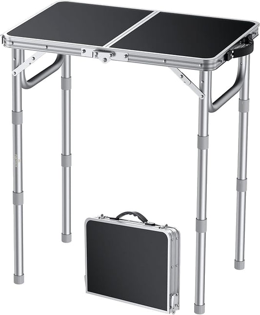 FUNYKICH 2ft Folding Camping Table 22.8''x15.7''x27.5'',3 Height Adjustable | Lightweight Aluminum Outdoor Small Tables with Carry Handle for Car Camping, Backpacking, Picnic, BBQ, Silver