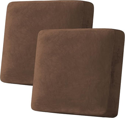 H.VERSAILTEX Velvet Stretch Couch Cushion Cover Plush Cushion Slipcover for Chair Loveseat Sofa Cushion Furniture Protector Seat Cushion Sofa Cover (2 Piece Large Sofa Cushion Covers, Caramel Cafe)