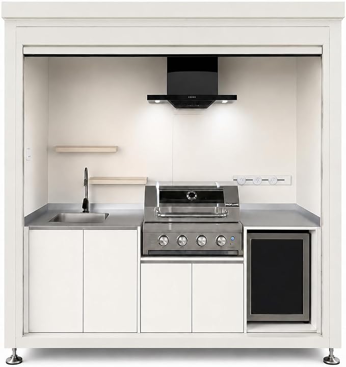 Sunnyjoy Modular Outdoor Kitchen, Premium Aluminum Cabinet System-2 | Standard edition with grill, sink & storage, durable weather-resistant design, includes roll-up set for protection