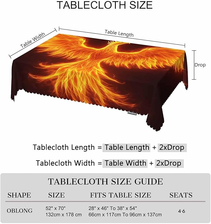 Fire Bird Decorative Table Cover for Kitchen, Fantasy Fire Phoenix Bird Oblong Tablecloth Dining Table Cloth Tabletop Tablecloths for BBQ Picnic Coffee 52"X70", 4-6 Seats