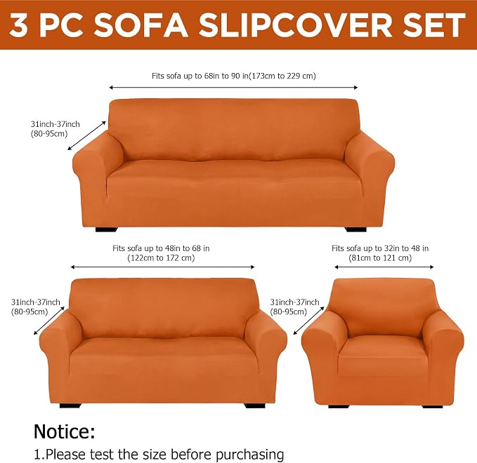 Peryiter 3 Pcs Couch and Loveseat Sofa Covers,Orange,Milk Silk | Armchair Covers for Living Room, Sofa Cushion Slipcover, Furniture Protector, Polyester and Spandex, Washable