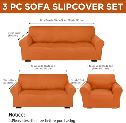 Peryiter 3 Pcs Couch and Loveseat Sofa Covers,Orange,Milk Silk | Armchair Covers for Living Room, Sofa Cushion Slipcover, Furniture Protector, Polyester and Spandex, Washable