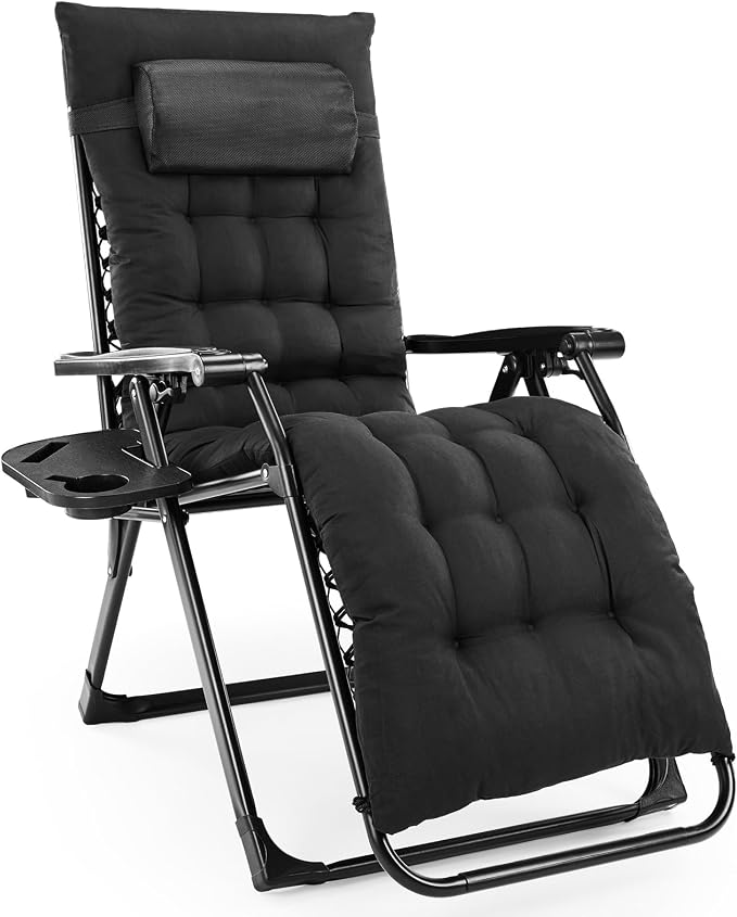 DUMOS Zero Gravity Chair, Lounge Chair Outdoor with Cup Holder Trays and Removable Cushion, Folding Reclining Chairs for Indoor Outside Beach Camping Patio, Black