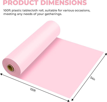54 Inch X 100 Feet Plastic Table Cover Roll Premium Disposable Plastic Tablecloth for All Type/Shape Tables | Picnic, Party, Banquet, Birthdays, Weddings (Pink, 54 Inch X 100 Feet)