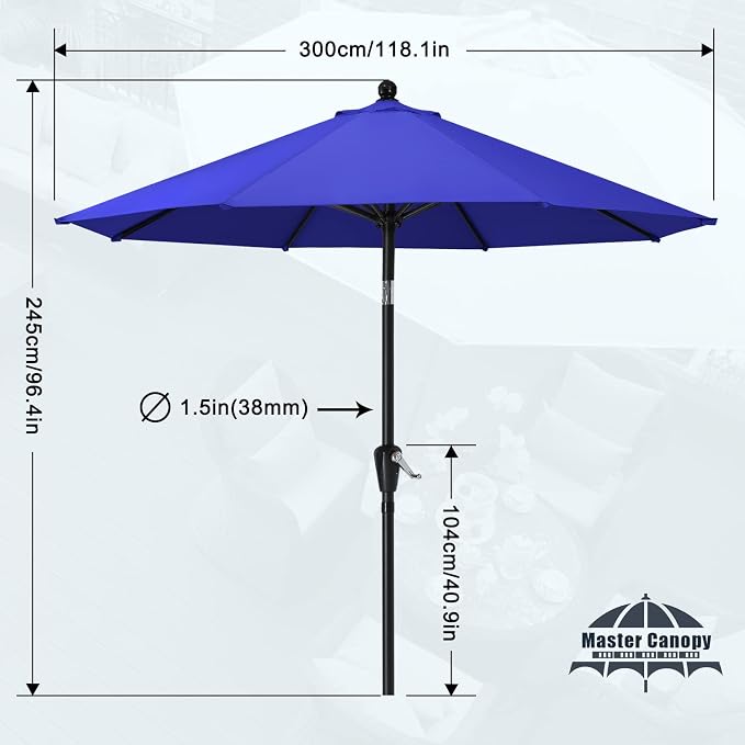 MASTERCANOPY 10ft Patio Umbrella with Tilt & Crank, Blue | 8 sturdy ribs;UV/water resistant;Vent;easy setup;for garden/deck/backyard/pool