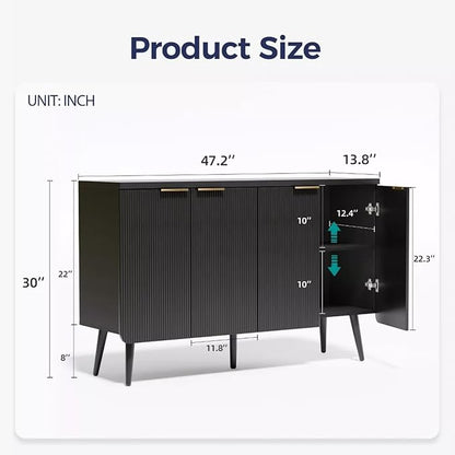 47.2" Modern Fluted Sideboard Cabinet with 4 Doors, Wood Storage Credenza with Shelves, Multi-Purpose Buffet Cabinet for Entryway, Dining & Living Room, Black