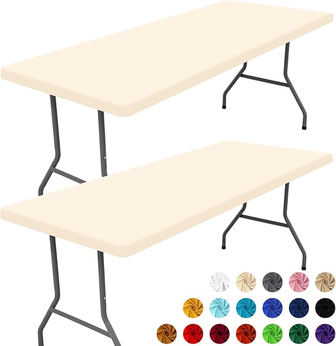 Moosfor 2 Pack Rectangle Spandex Fitted Table Cloth, 4FT Elastic Tablecloth | Washable Picnic Table Cover, Stretch Waterproof Table cloths for Party, Patio, Dining, Kitchen, 30" x 48", Champagne