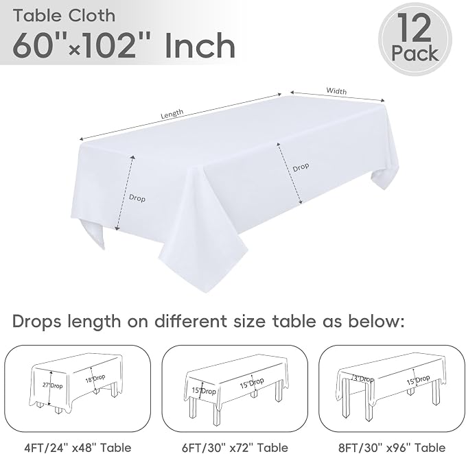 12 Pack White Rectangle Table Cloth 60 x 102 Inch For 6 Foot Tables | Wrinkle Resistant Tablecloth, Washable Polyester Fabric, Rectangular Tablecloth for Wedding Party Banquet Buffet