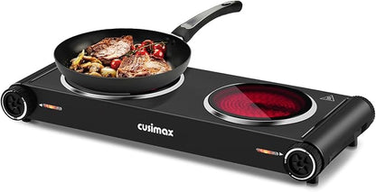 CUSIMAX Hot Plate for Cooking,1800w Double Infrared,Portable Electric Stove,Adjustable Temperature Control,Glass Plate Double Cooktop for Dorm Office Home Camp,Stainless Steel
