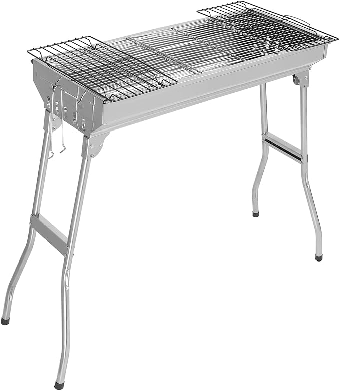 Portable BBQ Charcoal Standing Grill, Stainless Steel Metal Outdoor Cooking Grill for Steaks in Courtyard, Backyard Patio, Camping, Tailgating, and Picnics with Iron Grill, Carbon Mesh Silver
