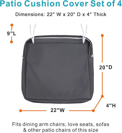 NettyPro Patio Cushion Covers Replacement Set 4 Water Repellent UV Resistant Outdoor Chair Seat Cushion Slipcover with Zipper and Tie, 22 x 20 x 4 Inch, Grey