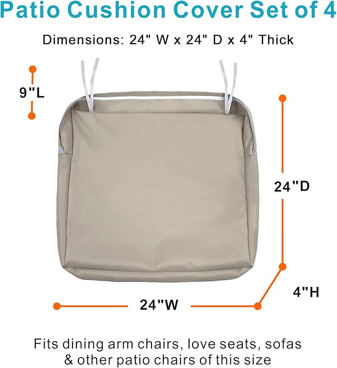 NettyPro Outdoor Cushion Slipcovers Waterproof 4 Pack Patio Chair Seat Cushion Covers with Zipper and Tie, 24 x 24 x 4 Inch, Replacement Cover Only, Khaki