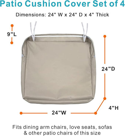 NettyPro Outdoor Cushion Slipcovers Waterproof 4 Pack Patio Chair Seat Cushion Covers with Zipper and Tie, 24 x 24 x 4 Inch, Replacement Cover Only, Khaki