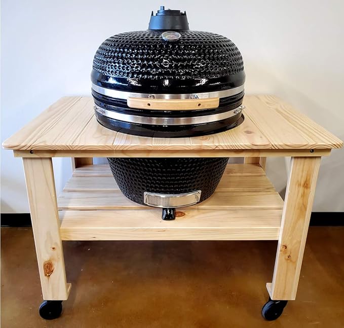 Black Outdoor Charcoal 26" Ceramic Egg Kamado BBQ Grill Smoker with Wood Table Pizza Stone and Canvas Cover