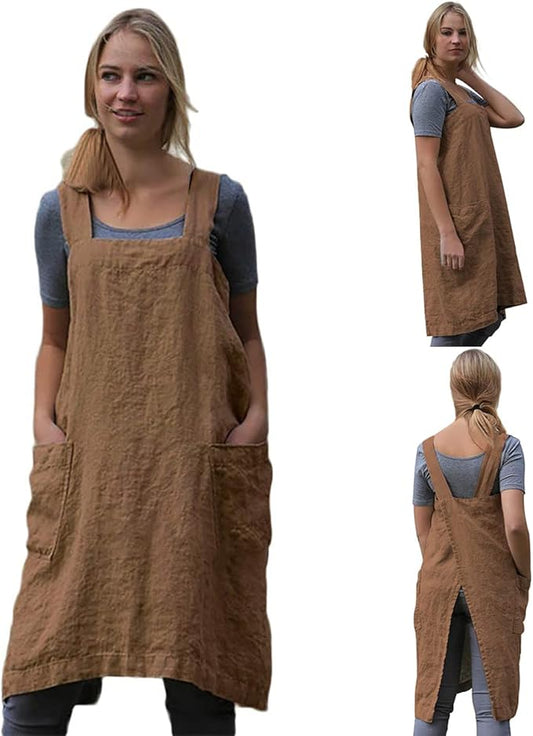 TBA Cotton Linen Apron Cross Back Apron for Women with Big Pockets Square Pinafore Dress for Baking Cooking BBQ & Grill