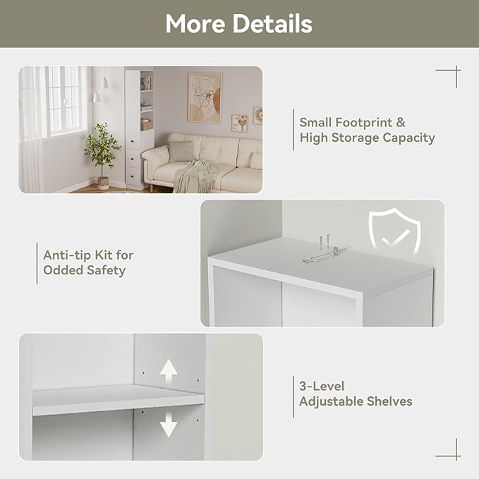 ARTETHYS Storage Cabinet Tall Narrow Bathroom Organizer Set of 2 with 3-Level Adjustable Shelves Slim Free Standing Space Saver for Living Room Kitchen, Classic White