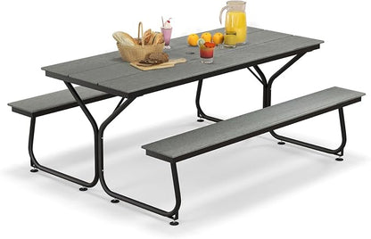 Giantex 6 FT Outdoor Picnic Table Bench Set for 6-8 People, 2400 LBS Capacity Patio Dining Table & 2 Benches with Metal Frame & HDPE, Balcony Conversation Set for Poolside Deck Garden (Gray)