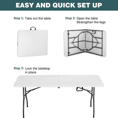 FDW | 6FT Folding Table | White | Portable Plastic Table | with Carry Handle | Waterproof & Foldable Table Design | Steel Frame with Lock | for Events, Camping, Indoor & Outdoor Use