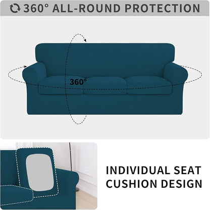 ISSUNTEX 4 Pieces High Stretch Thicken Couch Covers, Soft Sofa Slipcover for 3 Separate Cushion Couch, Jacquard Fabric Elastic Sofa Cover Furniture Protector for Dogs (Oversized Sofa, Peacock Blue)