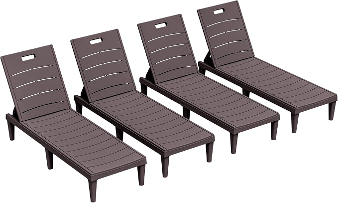 Greesum 4-Pack Adjustable Chaise Lounges, Brown | 5-Pos Recline, Waterproof PP, UV/Fade-Resist, Easy-Clean, Patio/Pool/Beach, Tool-Free