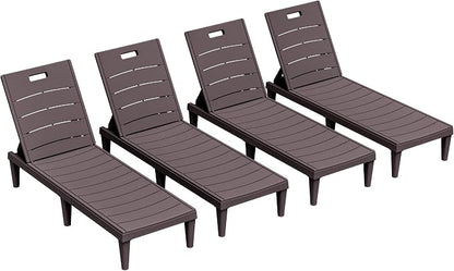 Greesum 4-Pack Adjustable Chaise Lounges, Brown | 5-Pos Recline, Waterproof PP, UV/Fade-Resist, Easy-Clean, Patio/Pool/Beach, Tool-Free
