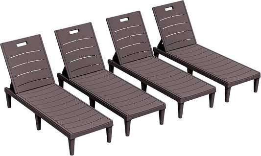 Greesum 4-Pack Adjustable Chaise Lounges, Brown | 5-Pos Recline, Waterproof PP, UV/Fade-Resist, Easy-Clean, Patio/Pool/Beach, Tool-Free
