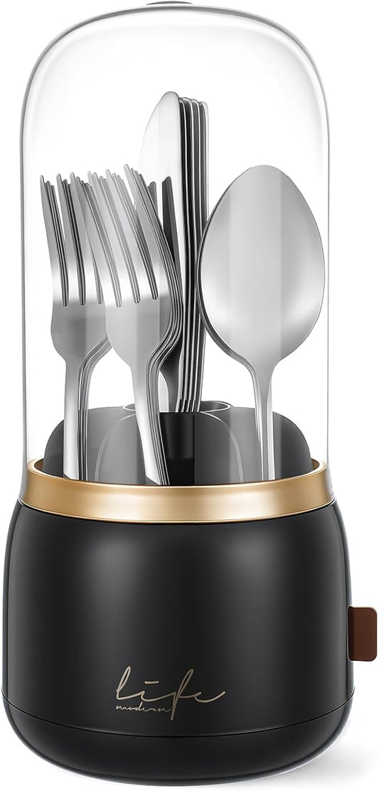 EXIN DECHEN Silverware Organizer with Lid,Cutlery Holder,Black with Gold | Waterproof and Dustproof,360°Rotating,Store Knives Forks Spoons Chopsticks for Kitchen Counter,Table,Party,Outdoor Camping,Rv
