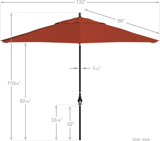California Umbrella 11Ft Premium Patio Umbrella, Hand-Crank, Tilt-Collar, Bronze Frame, Solution Dyed Sunset Fabric