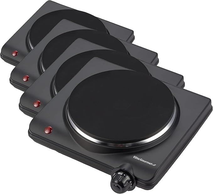 Elite Gourmet Countertop Electric Burner, 1000W Cast Iron Hot Plate, 7 Heat Settings, Portable Cooktop for RV, Dorm, Office & Small Kitchens, Road-Ready & Compact (Pack of 4)