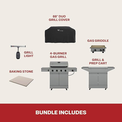 Tytus Anaheim 4-Burner Gas Grill with Prep Cart and Gas Griddle + Cover, Light, Baking Stone - Modular Outdoor Kitchen, Quick Assembly, Outdoor Cooking, Kitchen Island for BBQ