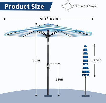Garvee 9FT Outdoor Patio Umbrella 8 Sturdy Ribs Outdoor Table Umbrella with Crank Lift & Push Button Tilt - UV Protection Waterproof Market Umbrellas for Pool Deck Yard Garden, Blue & White Stripes