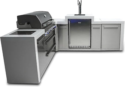 Mont Alpi 94"W x 98"D Deluxe Stainless Steel L-shaped Modular Outdoor Kitchen Island with 3-tap Kegerator Beer Dispenser Refrigerator + 44"W 6-Burner BBQ Grill + Granite Countertops + Storage Cabinets