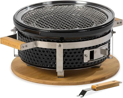 Ash & Ember 14" Hibachi Tabletop Grill & Griddle Set, Ceramic Charcoal Grill, Stainless Steel Cooking Grate, Non-Stick Maifan Griddle, Griddle Lifter, Adjustable Temp Control
