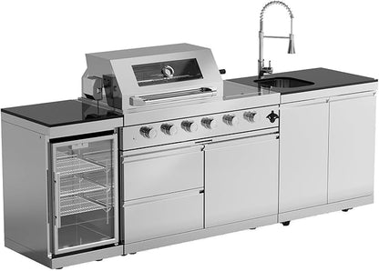 Outdoor Kitchen Island Barbecue Grill with Refrigerator & Rotisserie, Heavy-Duty Stainless Steel Freestanding Grills Station, Weather-Resistant Cooking Cabinet for Backyard & Summer Propane Gas
